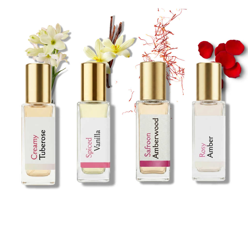 The RIZQ Discovery Set – Creamy Tuberose, Spiced Vanilla, Saffron Amberwood, , Rosy Amber